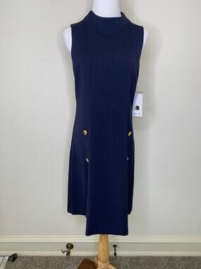 NWT Harper Rose Navy Blue Shift Dress Mod 60s Style Front Gold Buttons Sz 8